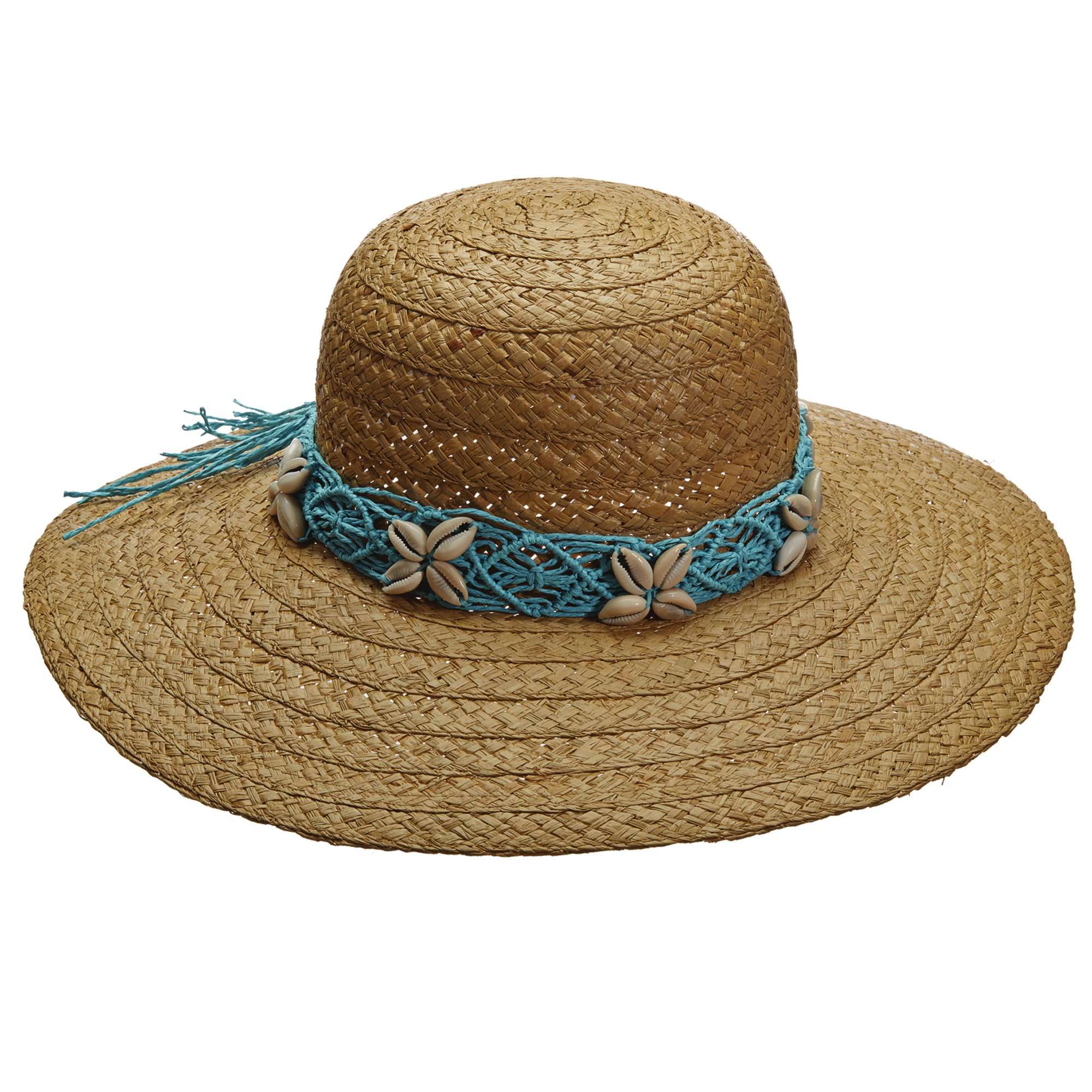Shell Trim Raffia Capeline Summer Hat for Women - Callanan Hats Wide Brim Sun Hat Callanan Hats CR276TQ Turquoise Medium (57 cm) 