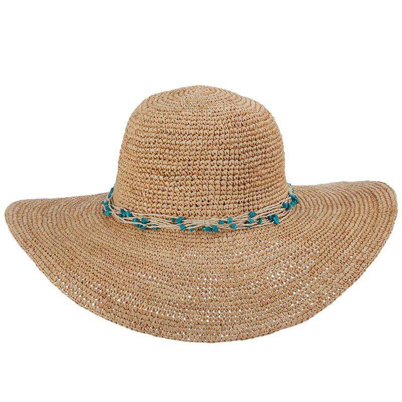 Crocheted Raffia Sun Hat with Turquoise Beads - Callanan Handmade Wide Brim Sun Hat Callanan Hats cr313nt Natural  