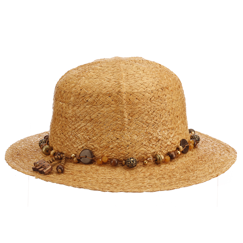 Women's Raffia Safari Pith Helmet Style Hat with Elephant Charm