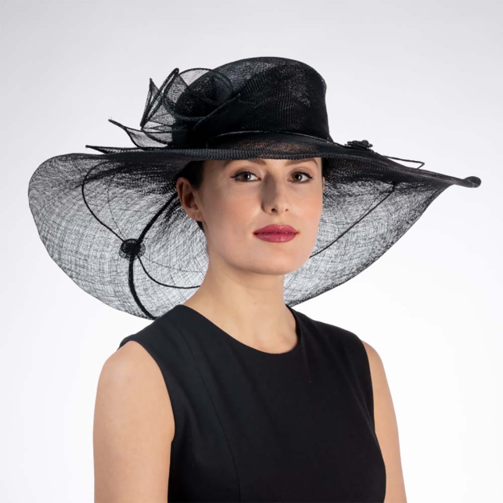Calla Lily Adorned Black Wide Brim Sinamay Derby Hat