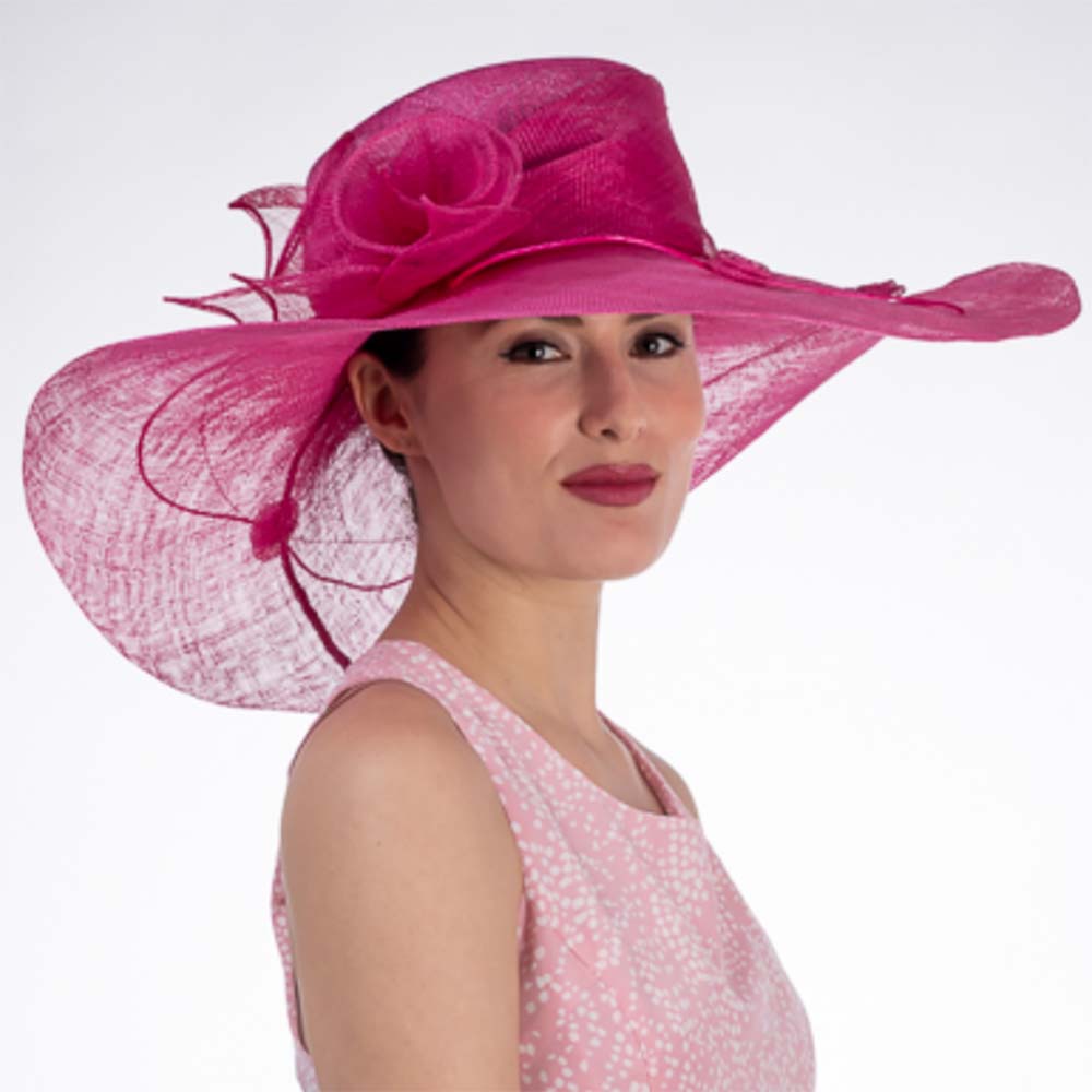 Calla Lily Adorned Fuchsia Wide Brim Sinamay Derby Hat - KaKyCO, Dress Hat - SetarTrading Hats 