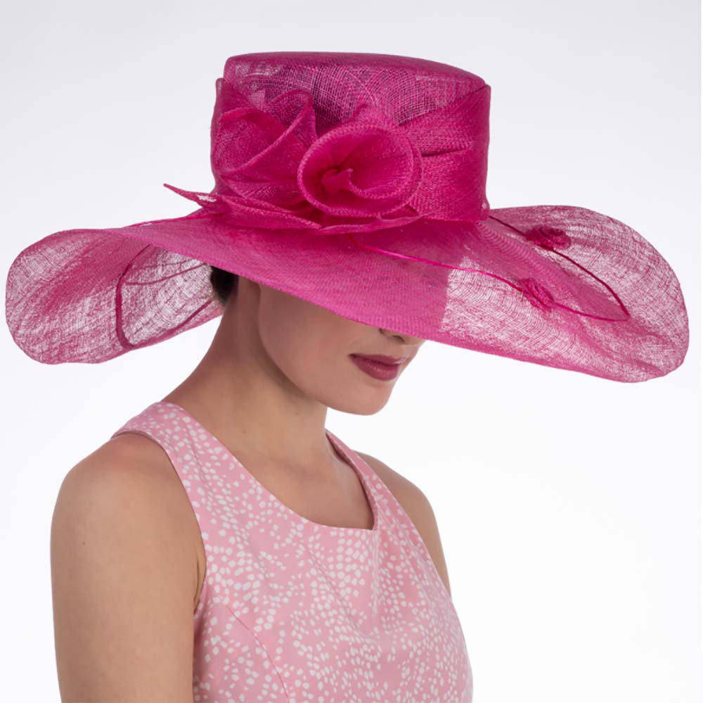 Calla Lily Adorned Fuchsia Wide Brim Sinamay Derby Hat  display picture 2