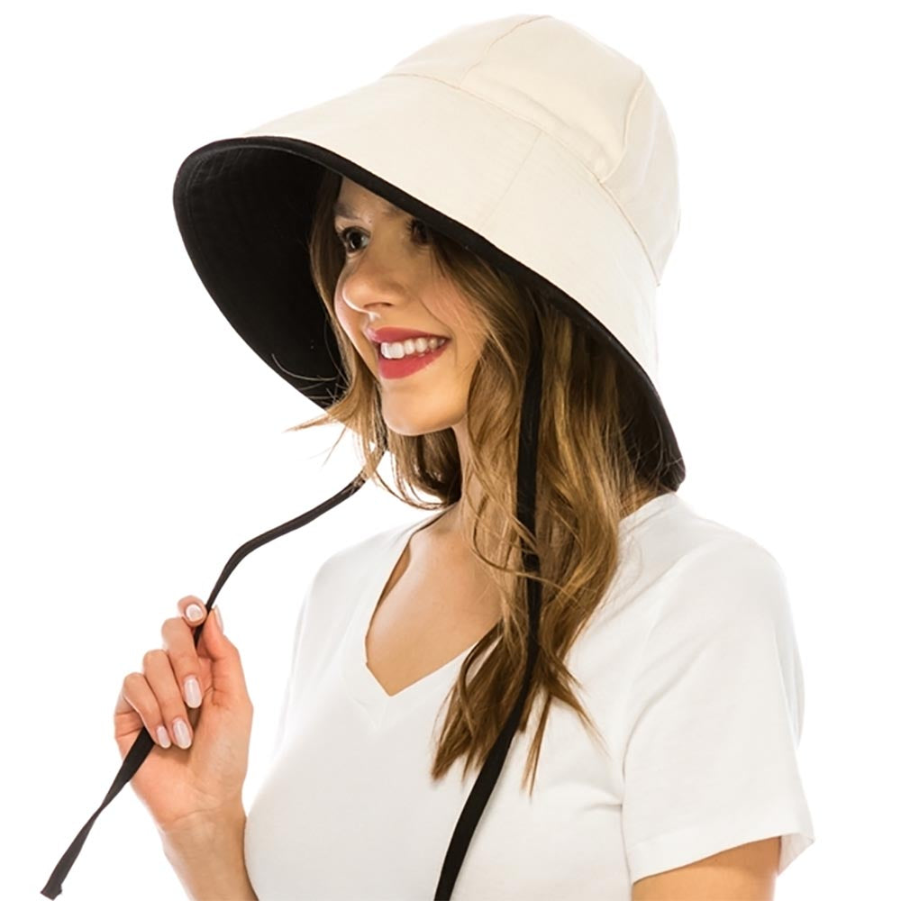 Canvas Bucket Hat with Chin Tie for Women - Boardwalk Sun Hats Ivory / S (56 cm)