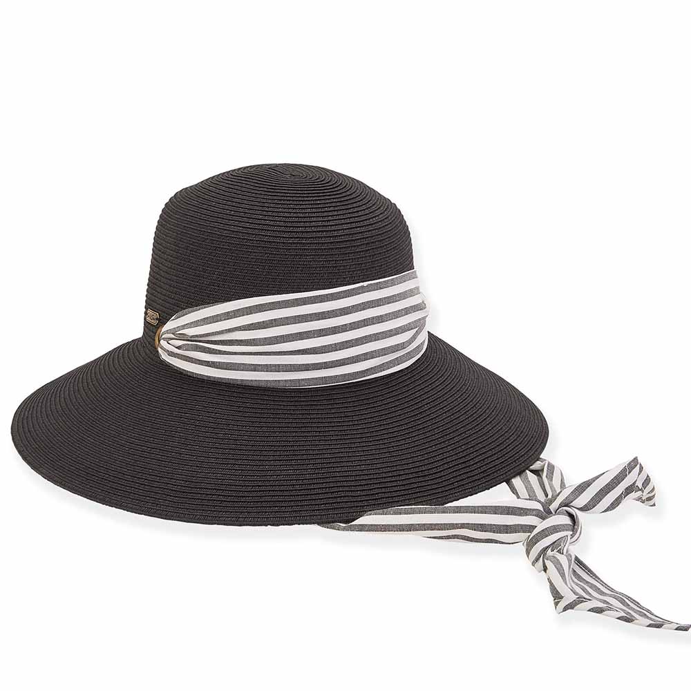 Striped Wide-Brim Sun Hat with Black Trim & Black Scarf With Touch Of Sequence Eugenia Kim Sunny Striped Straw Large Brim Hat | Neiman Marcus main image 4