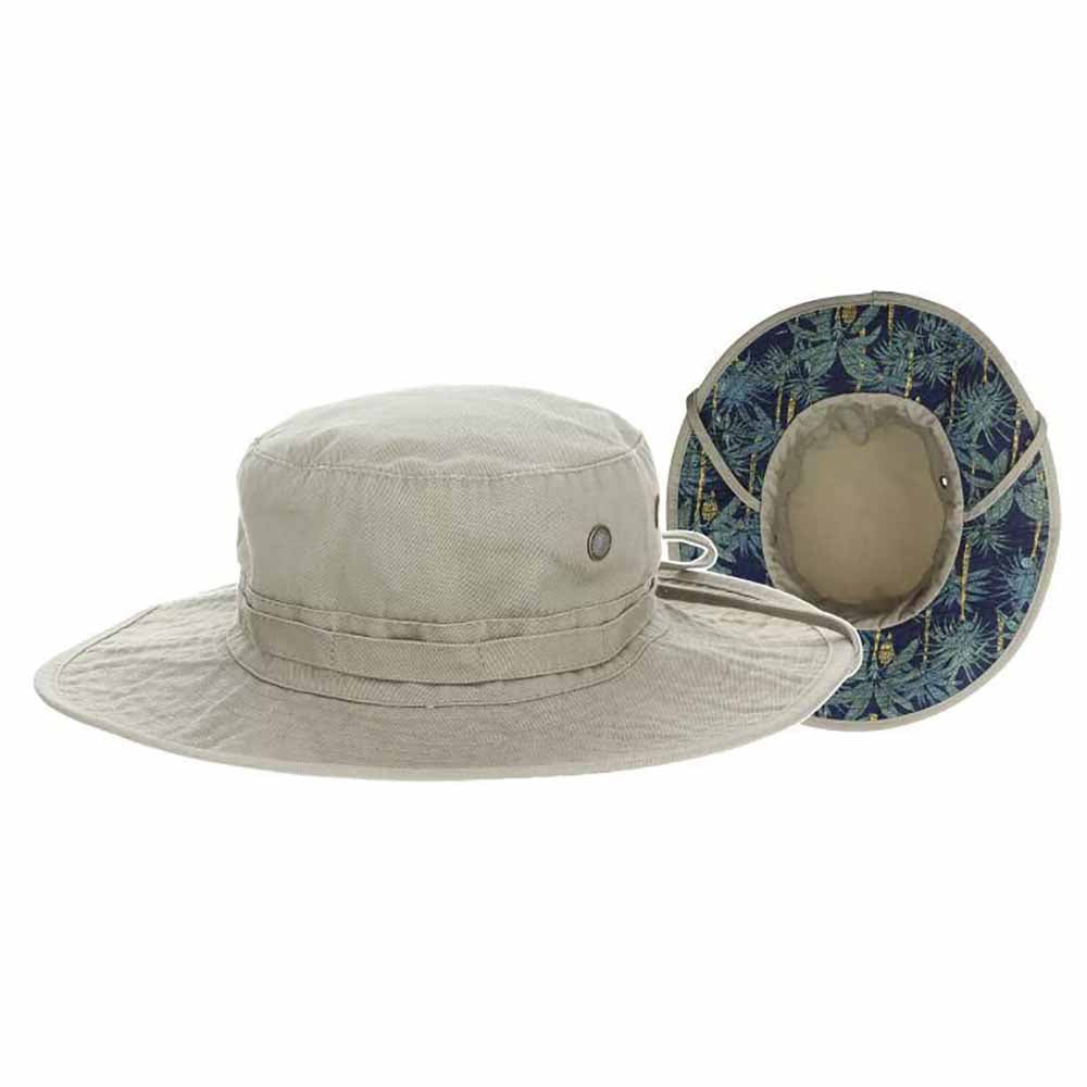 Cotton Boonie with Tropical Print Underbrim - DPC Hats Bucket Hat Dorfman Hat Co. BH222KHM Khaki Medium (22.5") 