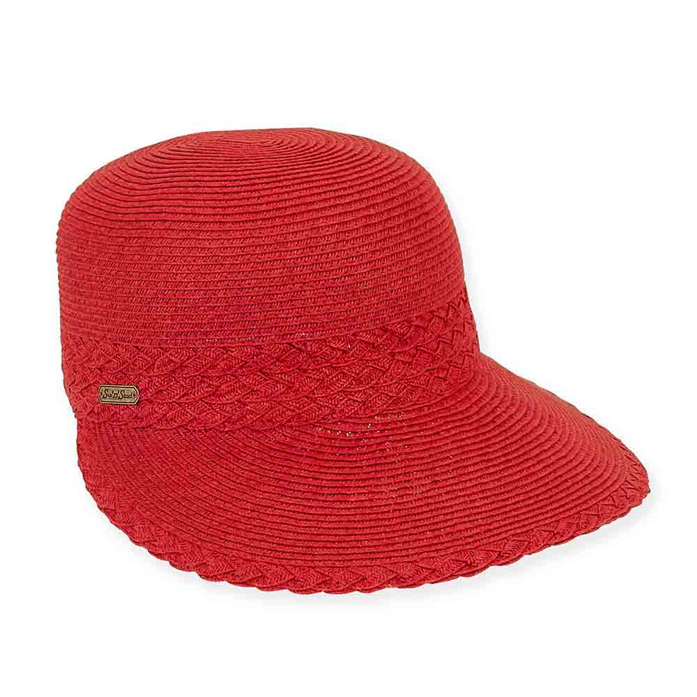 Criss Cross Woven Straw Brim Cap - Sun 'N' Sand Hats Facesaver Hat Sun N Sand Hats HH1821D Red M/L (57-59 cm) Elastic Stretch Closure
