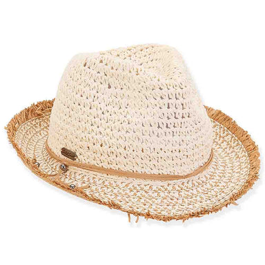 Crochet Crown Fedora Hat with Frayed Brim - Sun 'N' Sand Hats Fedora Hat Sun N Sand Hats HH2725A Ivory M/L (58 cm) 
