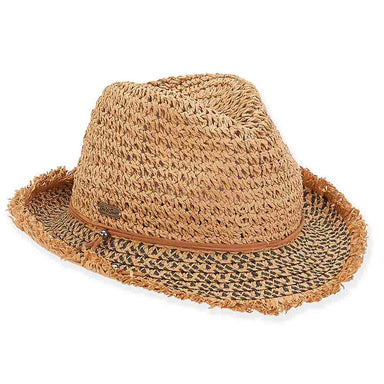 Crochet Crown Fedora Hat with Frayed Brim - Sun 'N' Sand Hats Fedora Hat Sun N Sand Hats HH2725B Tan M/L (58 cm) 