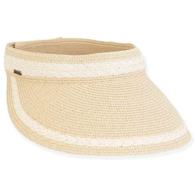 Cross Braid Trim Wide Brim Straw Sun Visor - Sun 'N' Sand Hats Visor Cap Sun N Sand Hats HH2881A Ivory OS 