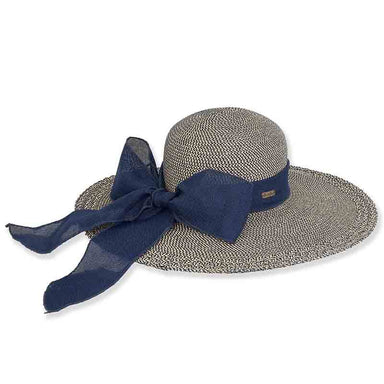 Cross Woven Wide Brim Sun Hat with Long Bow - Sun 'N' Sand Hats Wide Brim Sun Hat Sun N Sand Hats HH1587B Navy Medium (57 cm) 