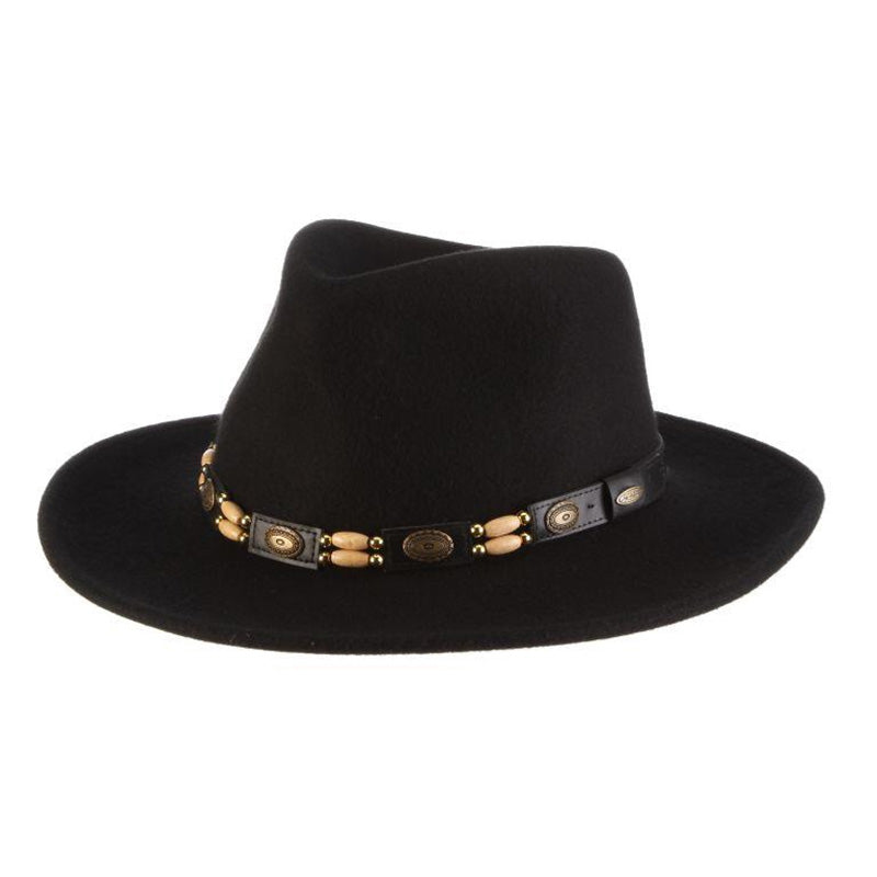 Crushable Water Repellent Wool Felt Outback Cowboy Hat with Bead Band - Scala Hats Safari Hat Scala Hats DF50BKm Black Medium (57 cm) 