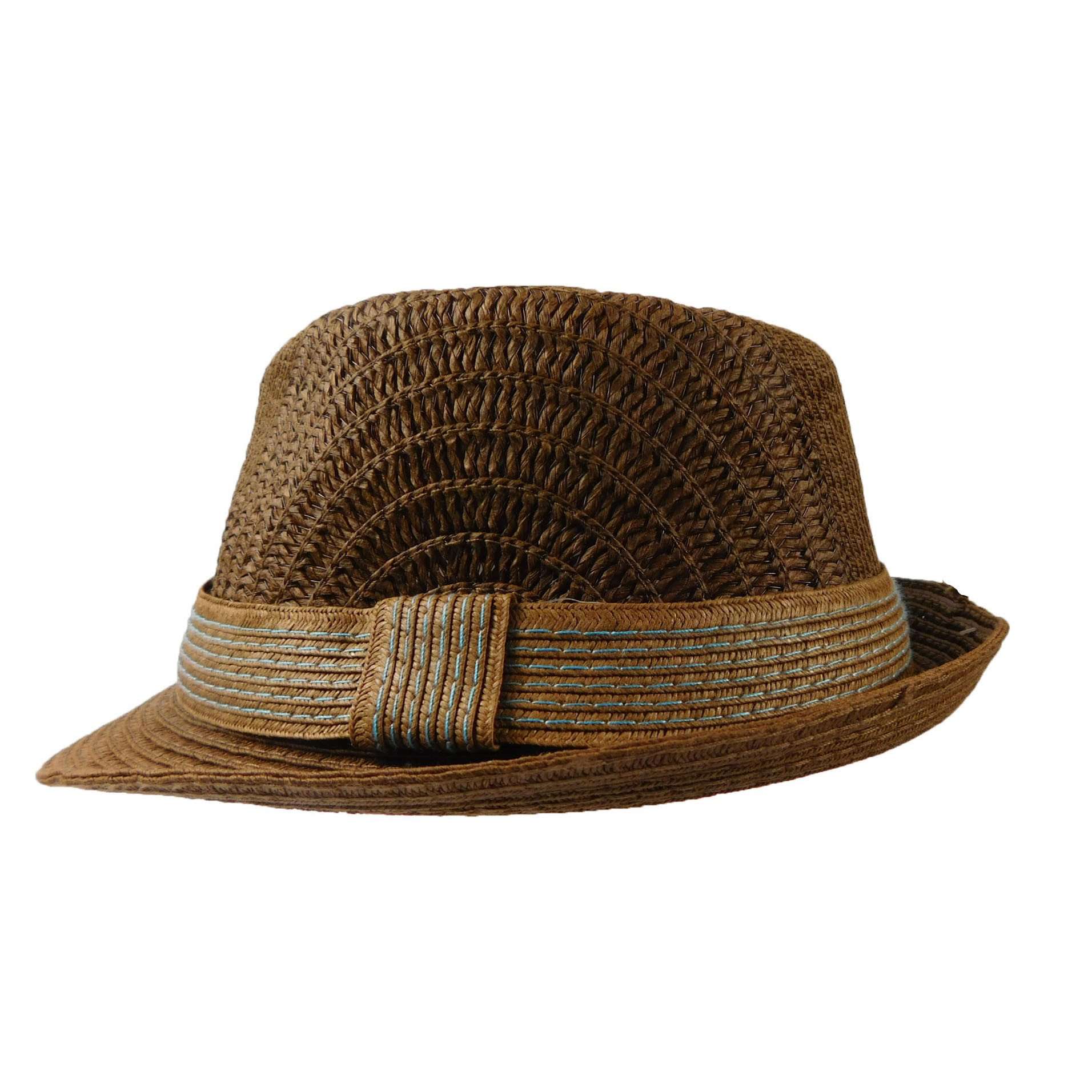 Brown Straw Fedora Hat with Blue Stitched Band Fedora Hat Mentone Beach MSPP869BNM M Brown 