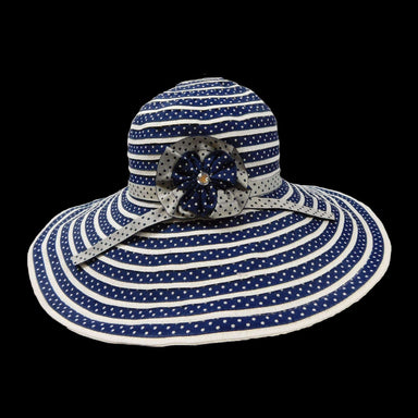 Polka Dot Ribbon Sun Hat with Straw Braids - Jeanne Simmons Hats Wide Brim Sun Hat Jeanne Simmons JS9515-NAVY Navy  