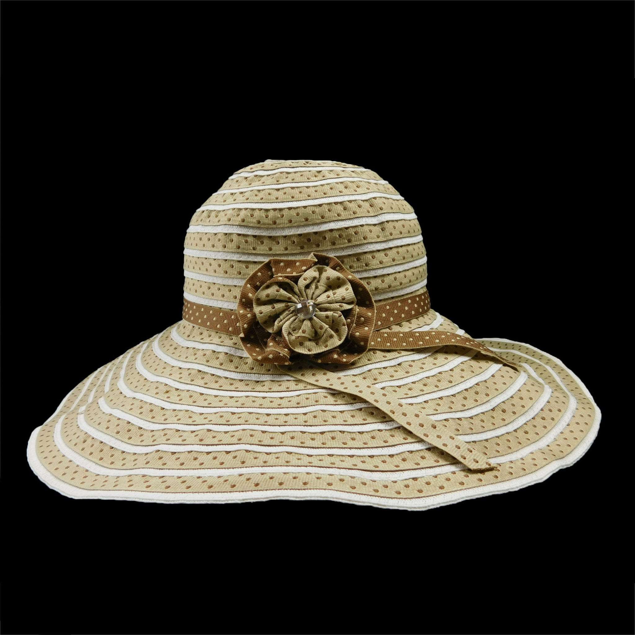 Polka Dot Ribbon Sun Hat with Straw Braids - Jeanne Simmons Hats Wide Brim Sun Hat Jeanne Simmons JS9515-TAUPE Beige  