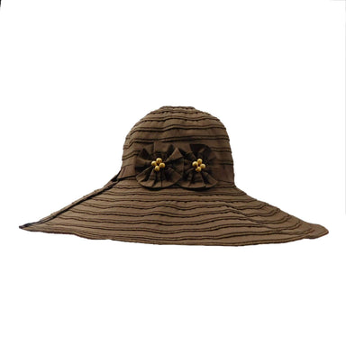 Ribbon Floppy Hat with Two Flowers - Jeanne Simmons Hats Floppy Hat Jeanne Simmons Accessories WSRP507CH Chocolate