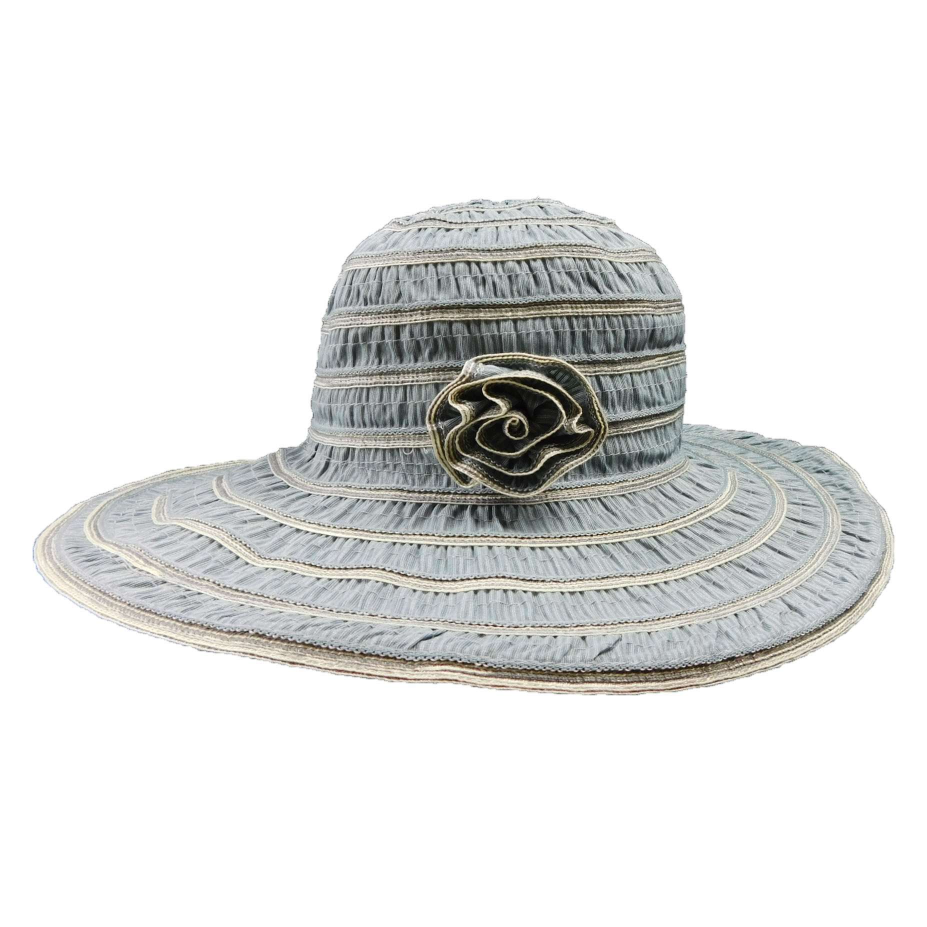 Ribbon Fabric Flat Brim Sun Hat with Flower - JSA Hats Floppy Hat Jeanne Simmons WSRP505DB Dusty Blue  