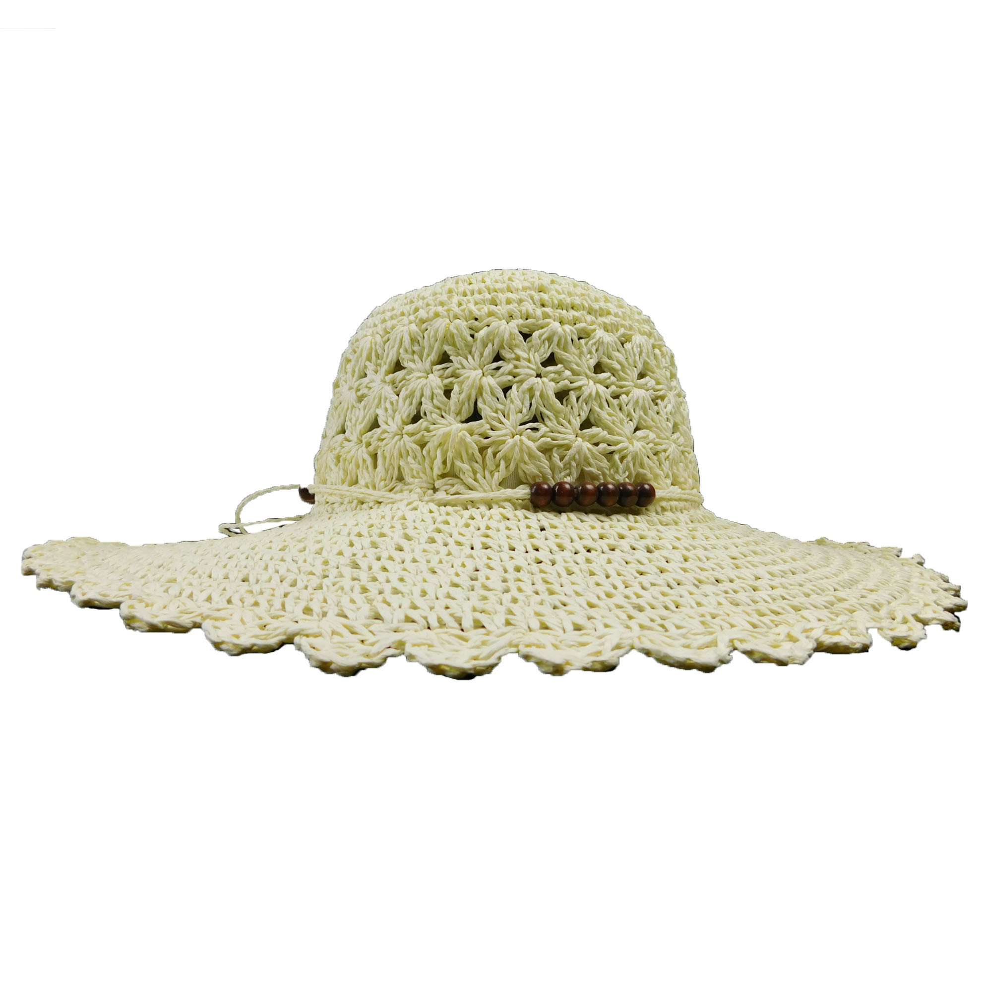Crochet Floppy with Wood Bead Accent, Wide Brim Sun Hat - SetarTrading Hats 