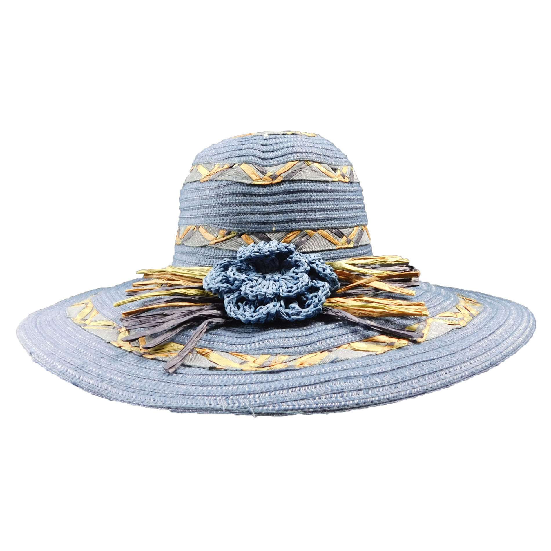Metallic Blue Floppy Hat with Crochet Flower, Floppy Hat - SetarTrading Hats 