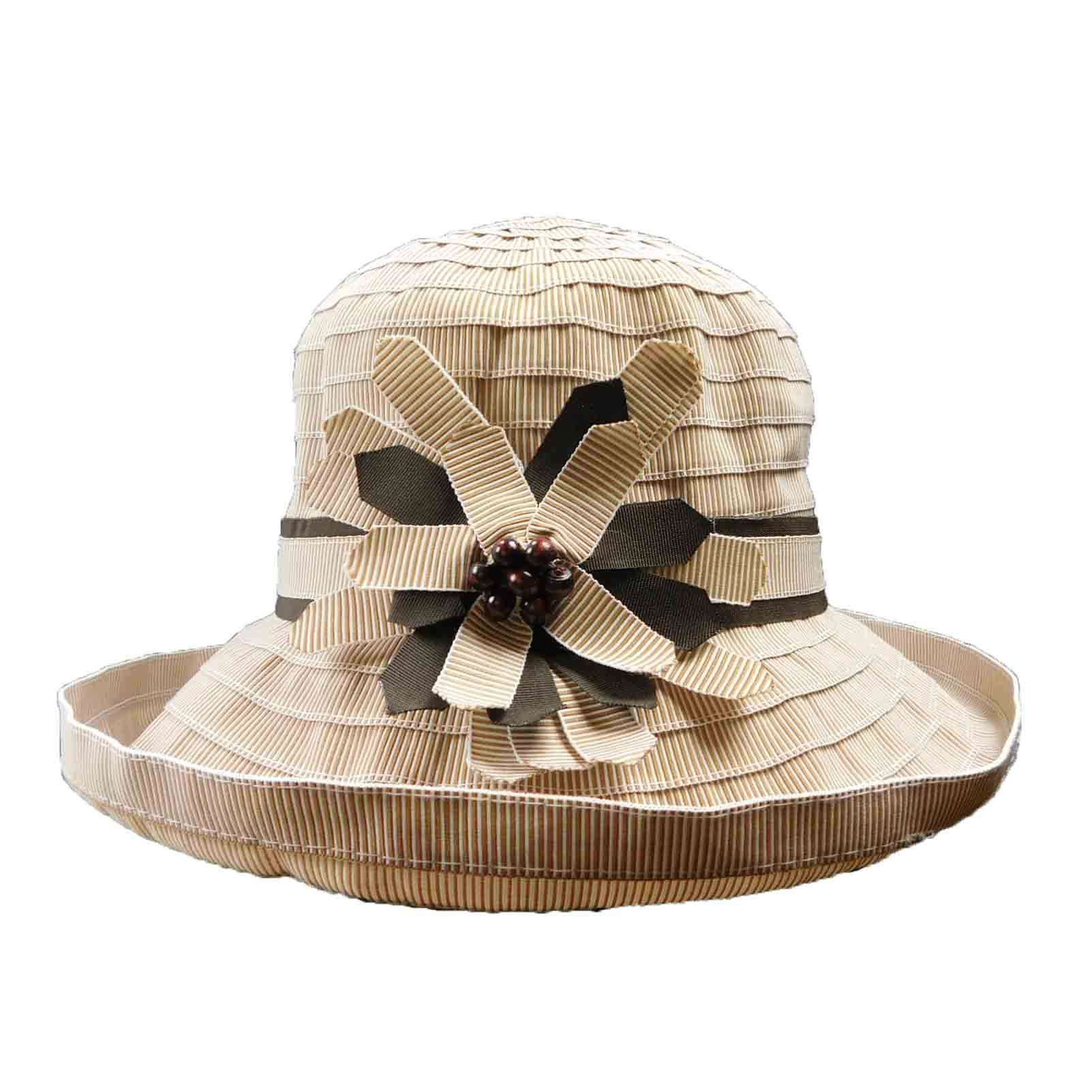 Striped Ribbon Hat with Big Flower Kettle Brim Hat Jeanne Simmons WSRP511BN Brown  