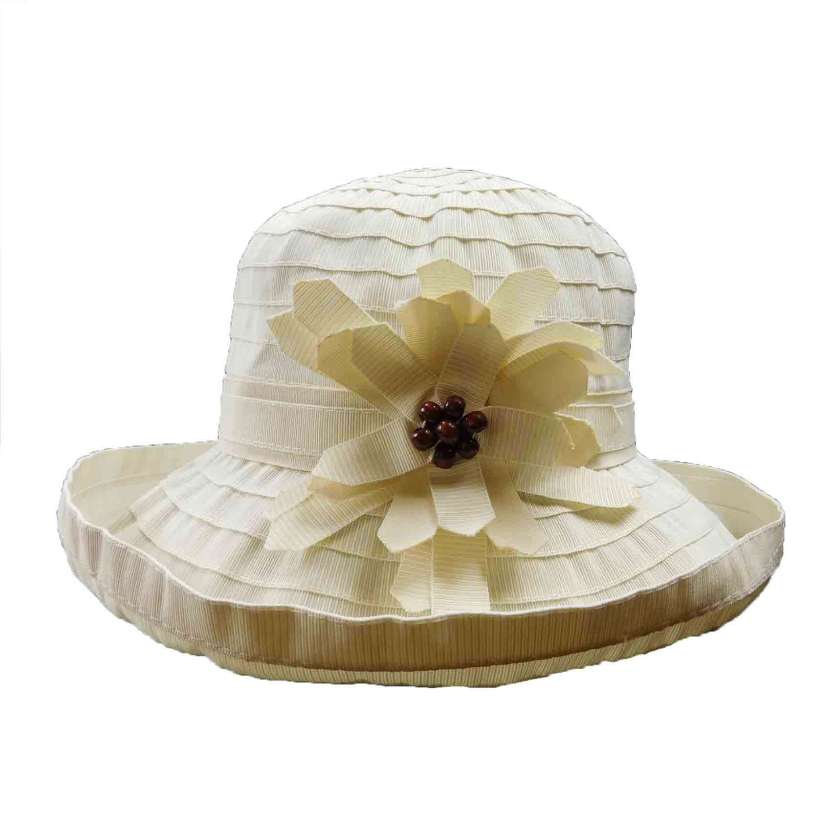 Striped Ribbon Hat with Big Flower Kettle Brim Hat Jeanne Simmons WSRP511CR Cream  