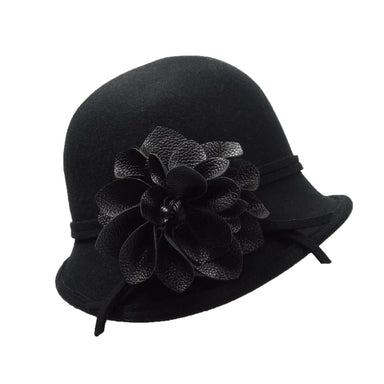 Asymmetric Cloche with Leather Flower Cloche Jeanne Simmons    