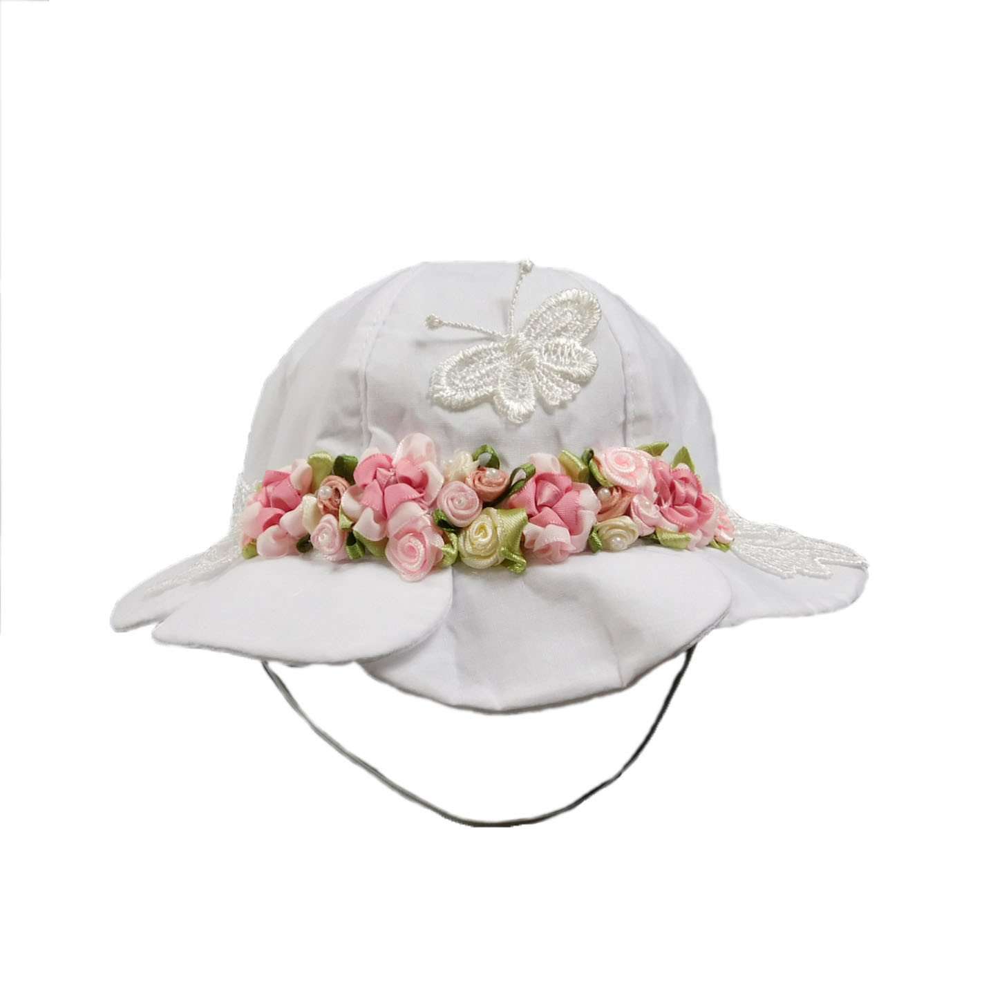 Baby Girl Sun Hat Embellished with Silk Roses Facesaver Hat HHkids SK051WH6 6-12mos  