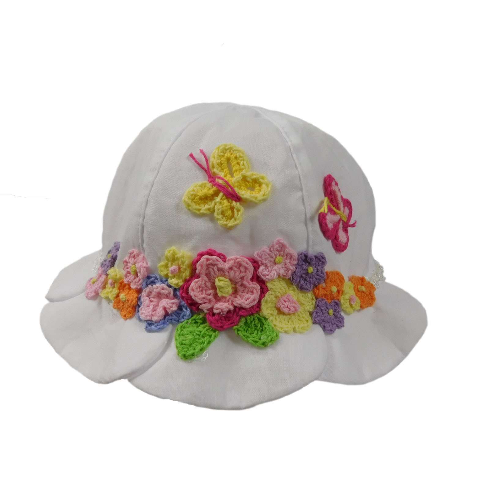 White Summer Hat with Crochet Flowers Bucket Hat HHkids SK059WH6 6-12mos  