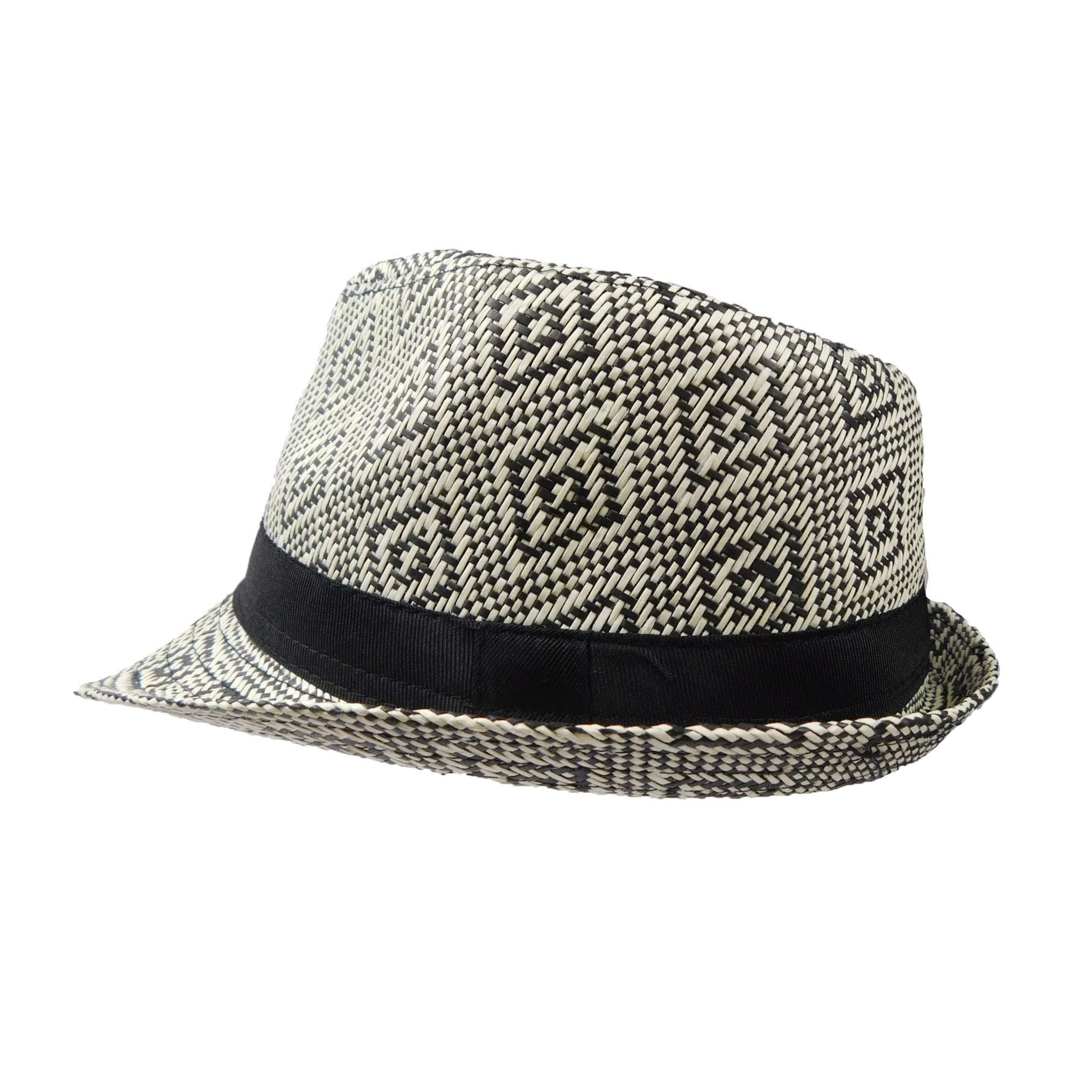 Summer Trilby Hat with Geometric Pattern Fedora Hat JEL MSPS888BKL Ivory / Black L/XL