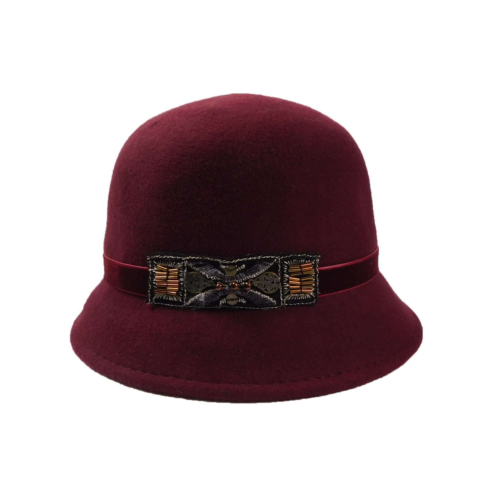 Wool Felt Cloche with Velvet Beaded Applique - Scala Collezione Cloche Scala Hats WWWF151BD Burgundy Medium (57 cm) 