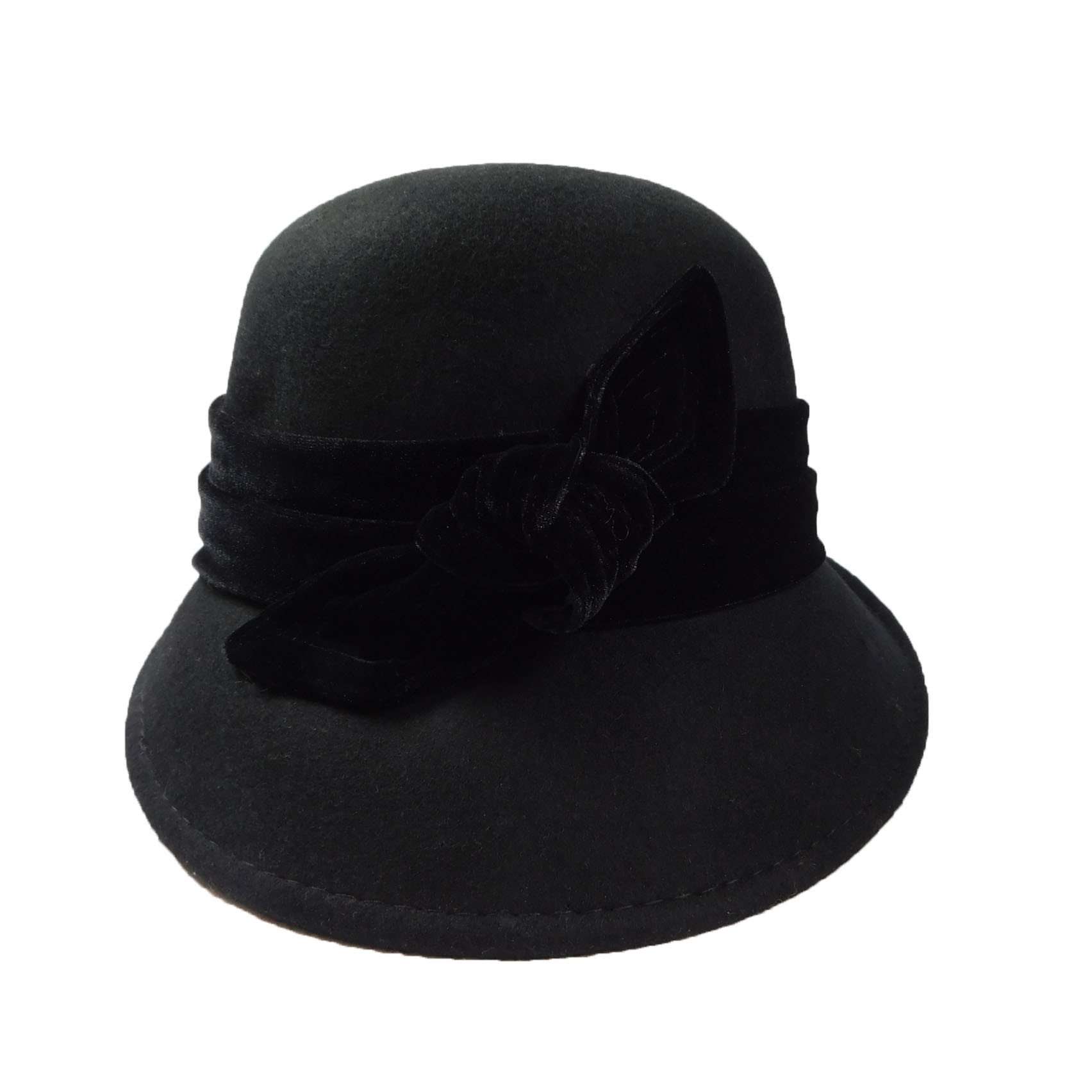 Curled Brim Slanted Cloche Wool Hat with Velvet Bow - Scala Hats Cloche Scala Hats lf170BK Black  