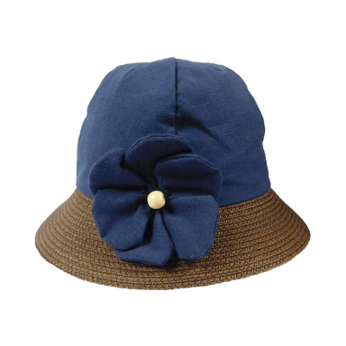 Linen Summer Cloche Hat with Flower - Jeanne Simmons Hats Cloche Jeanne Simmons JS6945NV Navy  