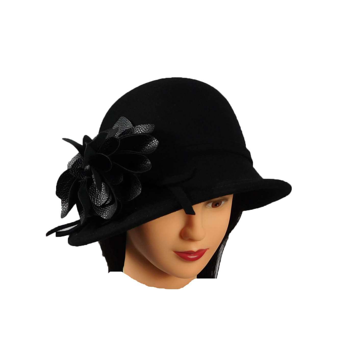 Asymmetric Cloche with Leather Flower, Cloche - SetarTrading Hats 