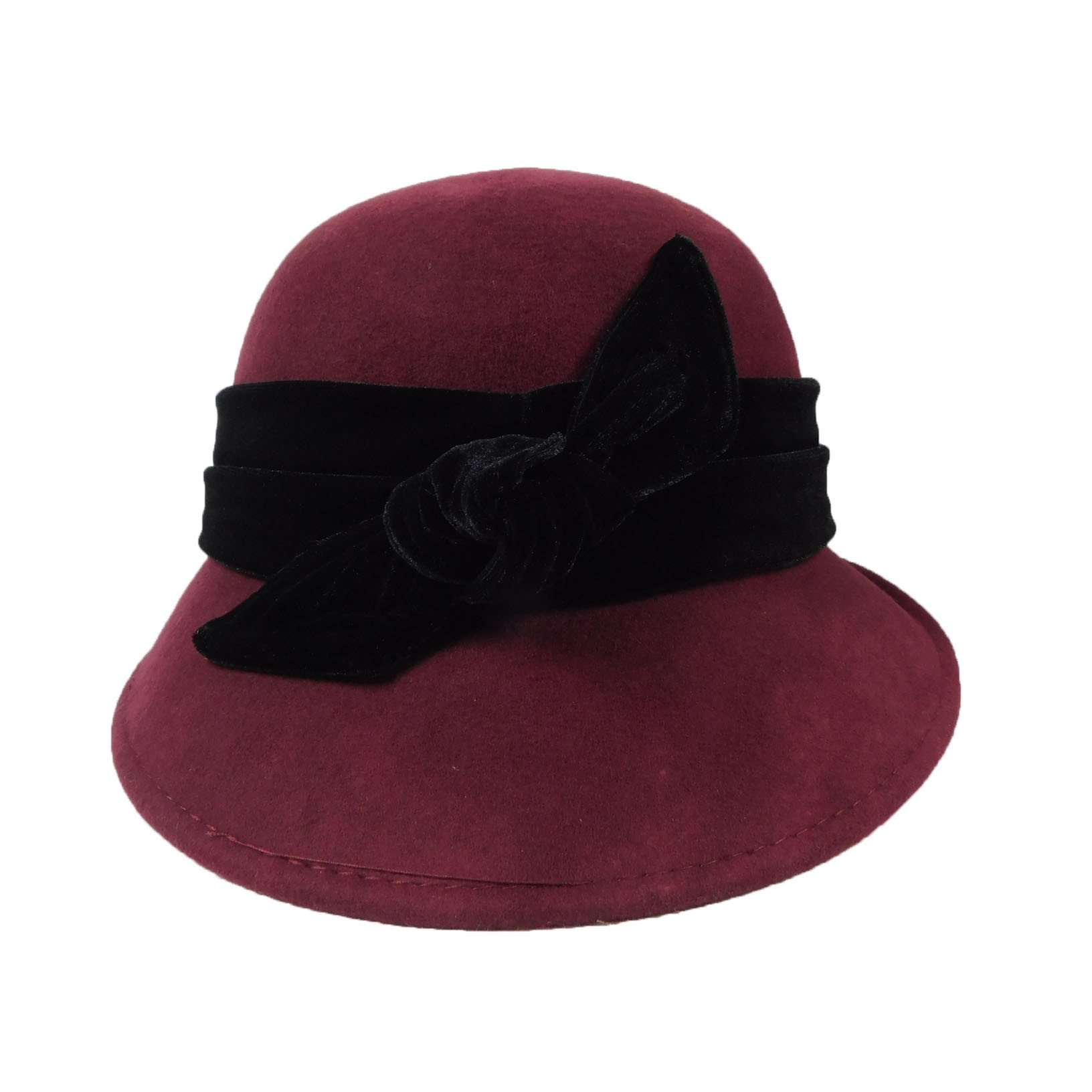 Curled Brim Slanted Cloche Wool Hat with Velvet Bow - Scala Hats