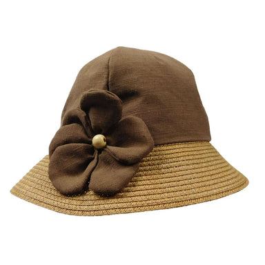 Linen Summer Cloche Hat with Flower - Jeanne Simmons Hats Cloche Jeanne Simmons JS6945BN Brown  