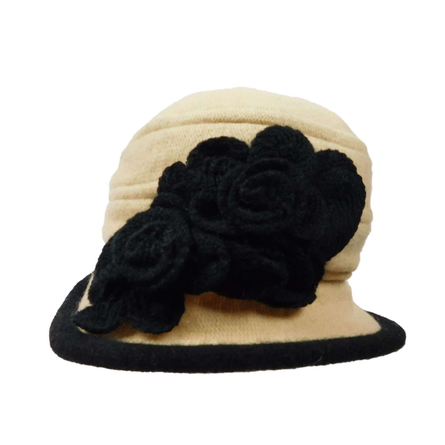 Boiled Wool Beanie Hat with Crochet Flower for Women 