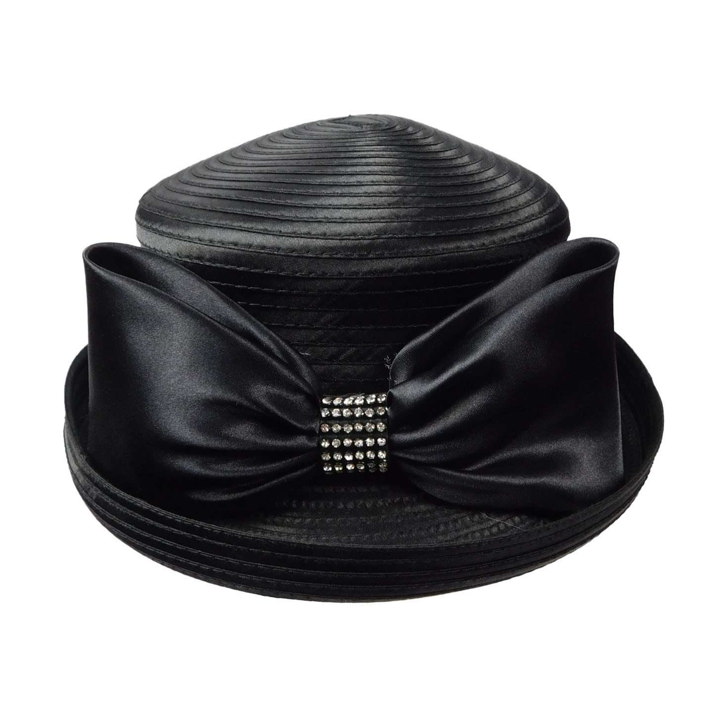 Satin Braid Bowler Style Church Hat with Bow and Rhinestone Loop Dress Hat Something Special LA WWSR802BK Black  