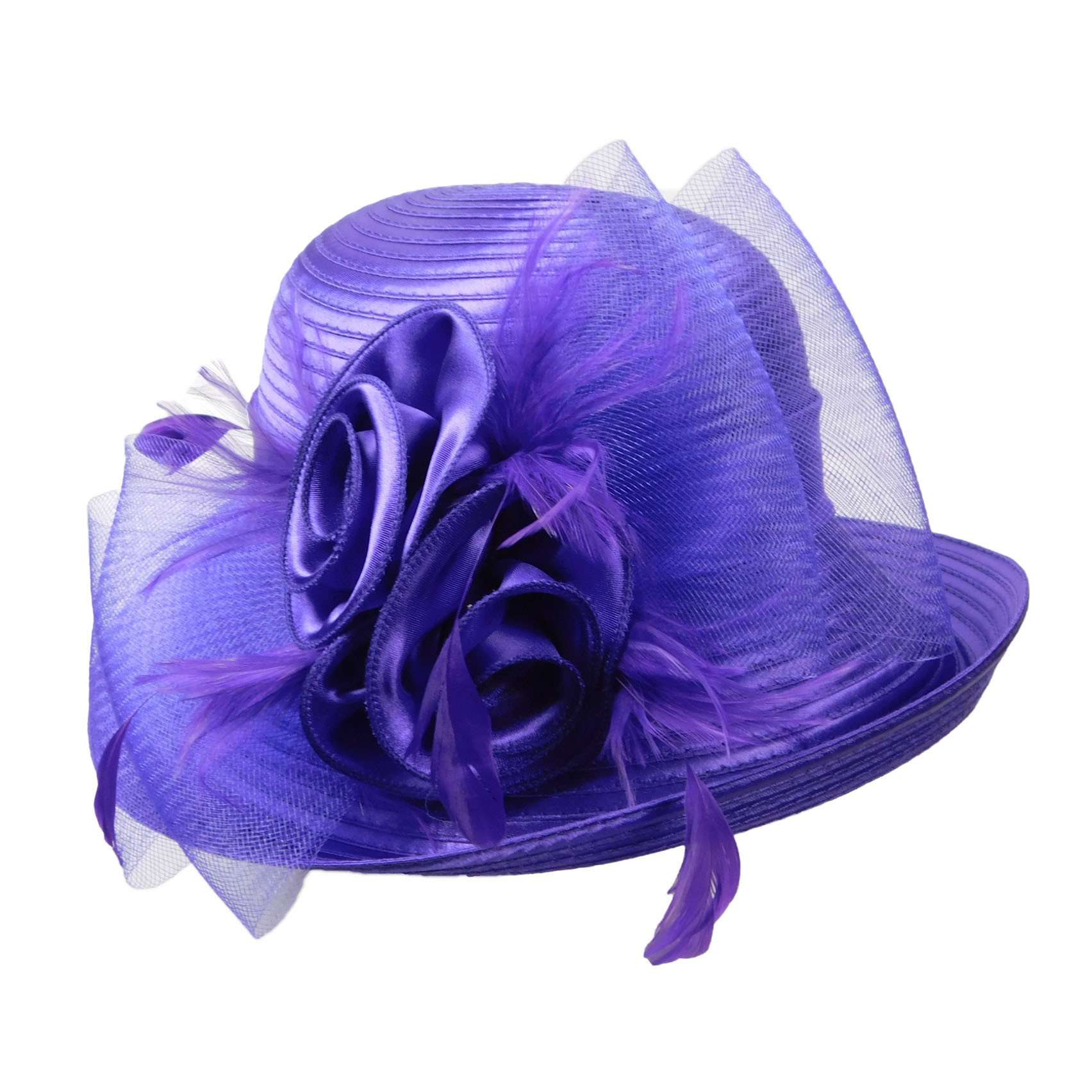 Satin Braid Dress Hat with Rose and Feathers Dress Hat Something Special LA WWSR807PP Purple  