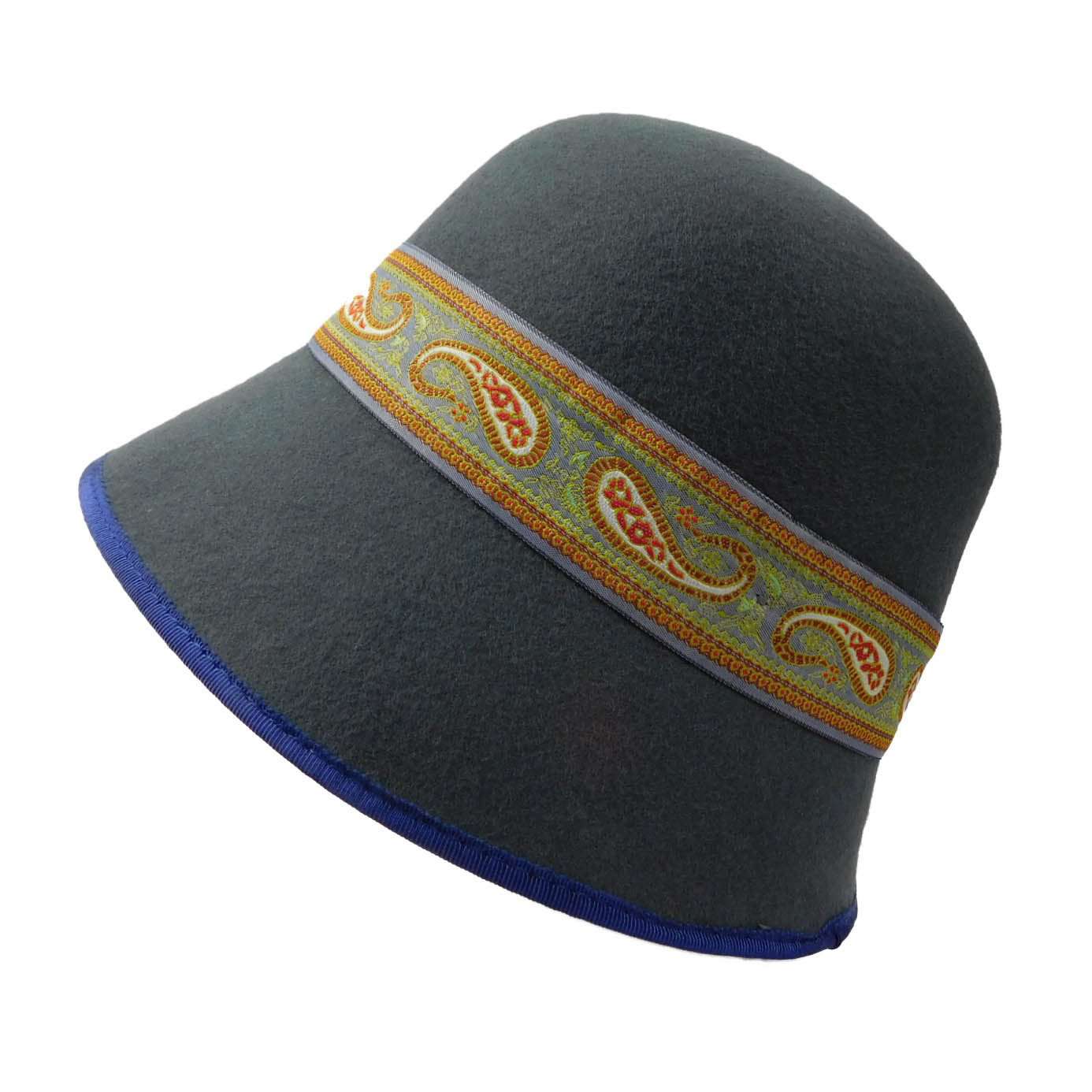 Black Wool Cloche with Paisley Band Cloche Jeanne Simmons    