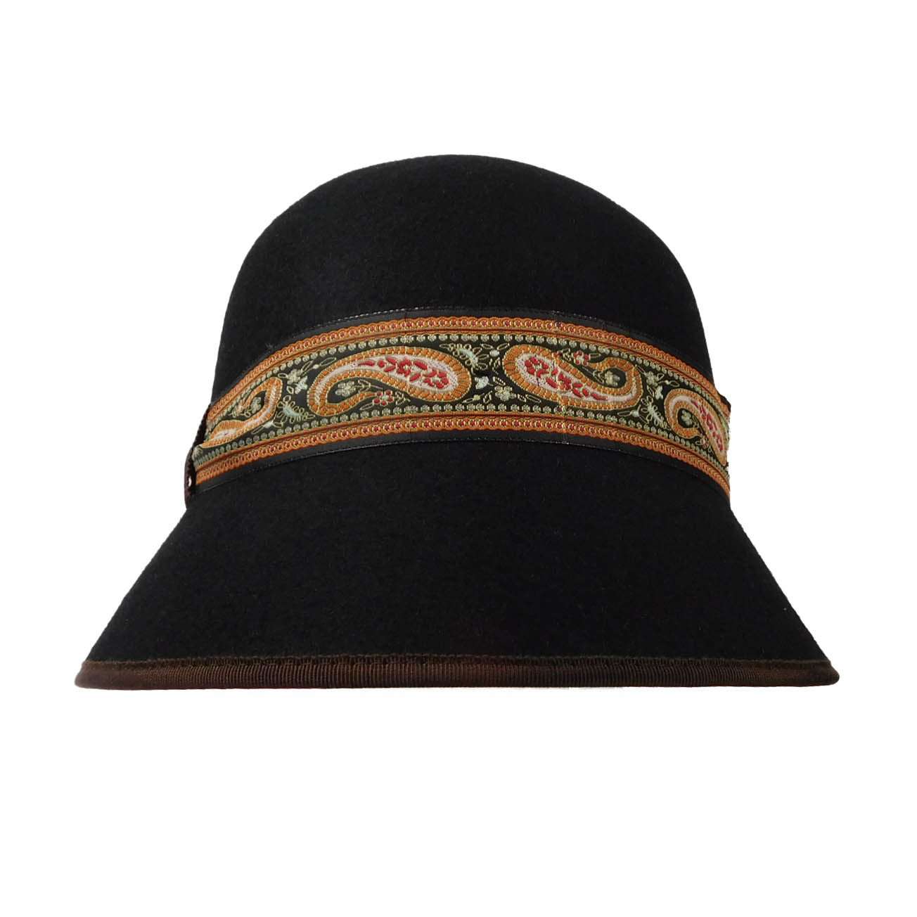 Black Wool Cloche with Paisley Band Cloche Jeanne Simmons    