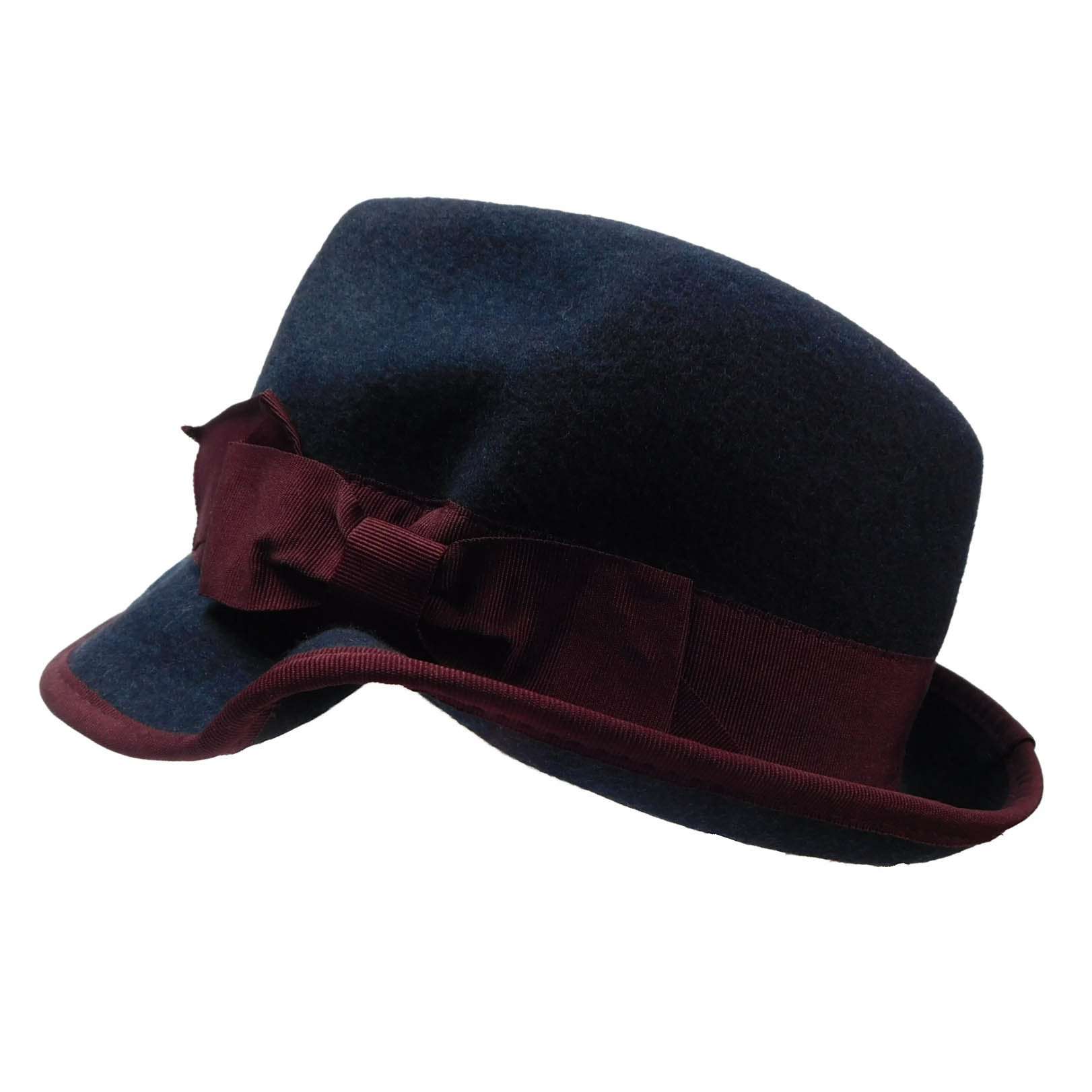 Bent Brim Navy Fedora Hat with Burgundy Ribbon Band - JSA Wool Hats Fedora Hat Jeanne Simmons js7160 Navy Small (56 cm) 