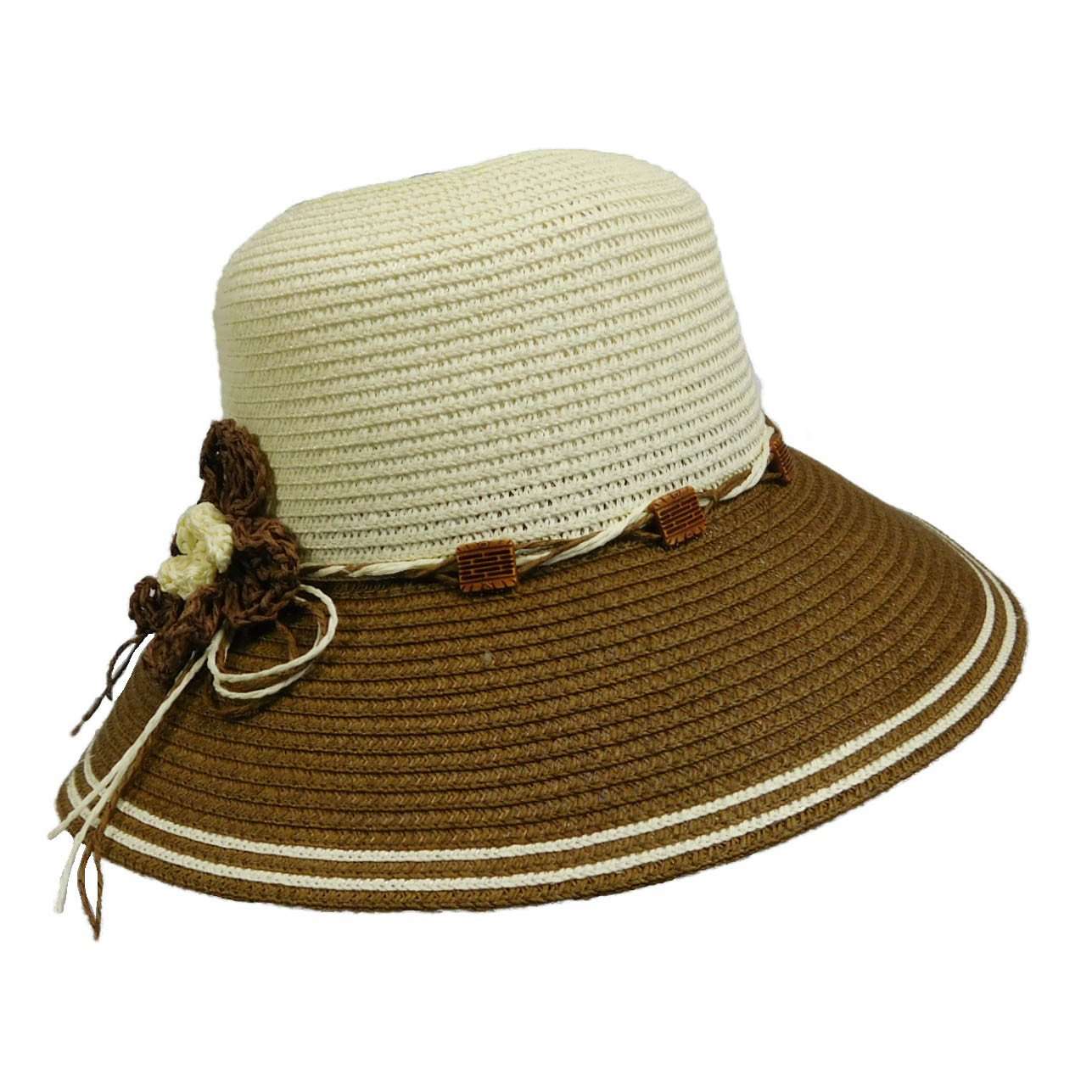 Two Tone Summer Hat with Crochet Flower, Wide Brim Hat - SetarTrading Hats 