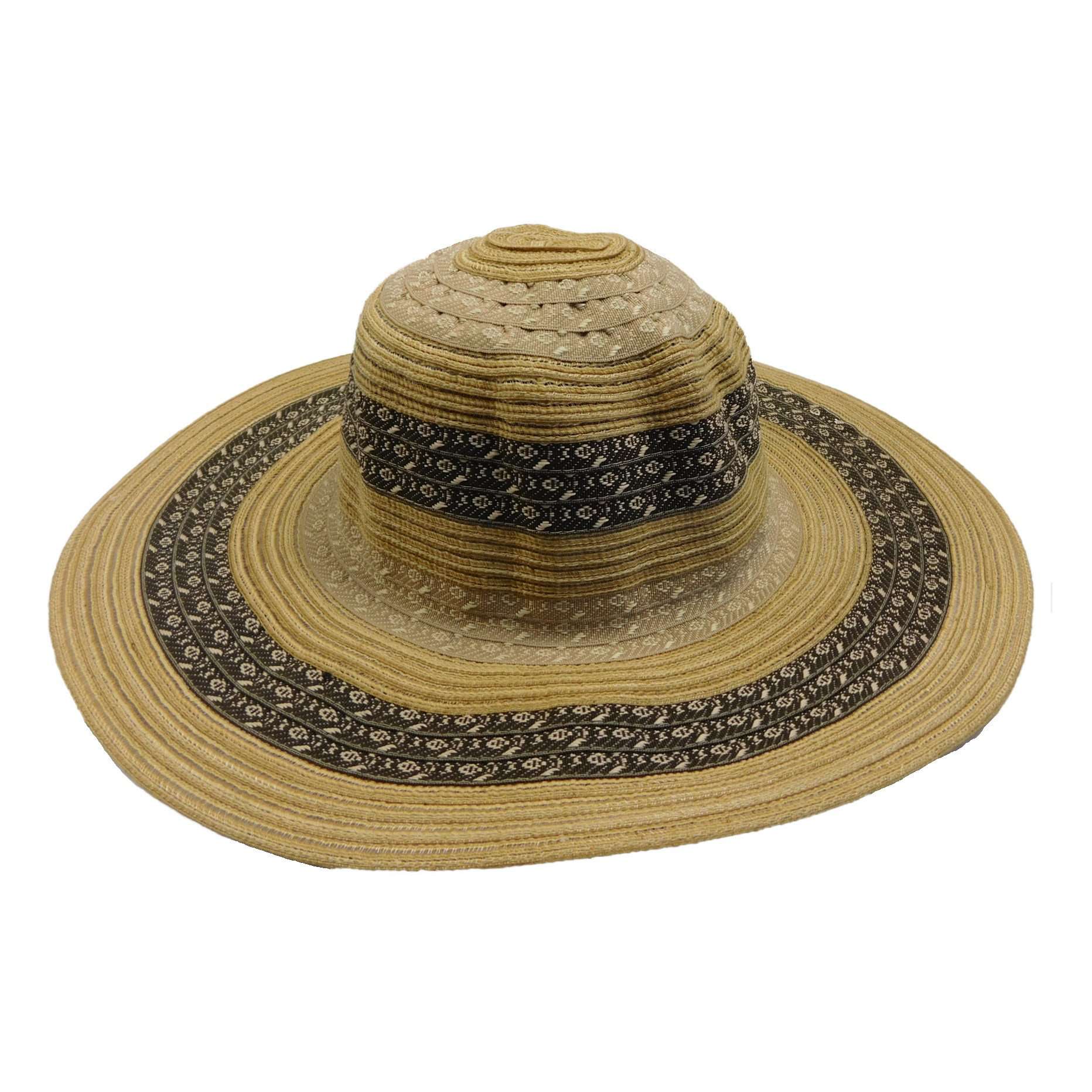 Ribbon and Straw Sun Hat with Tribal Motif, Floppy Hat - SetarTrading Hats 