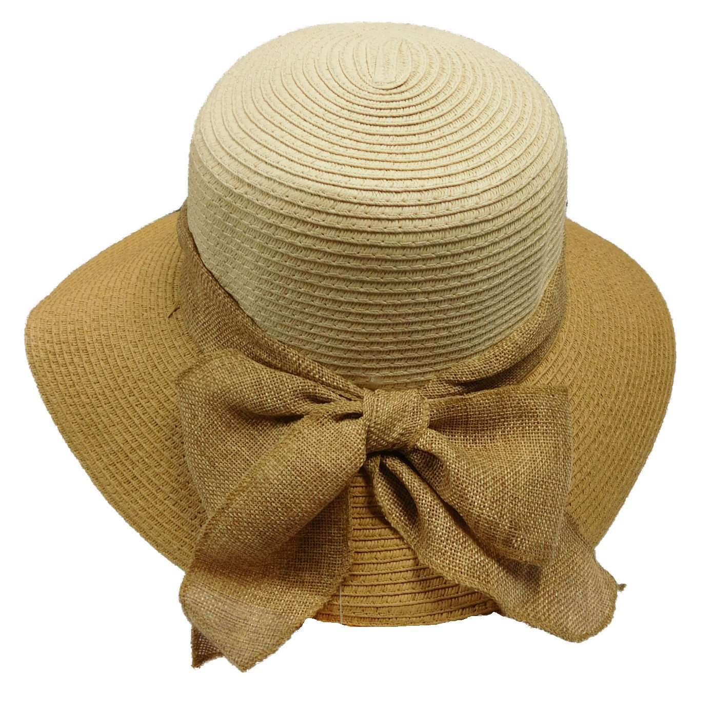 Two Tone Sun Hat with Linen Bow Wide Brim Hat Milani Hats WSPS471BN Brown  