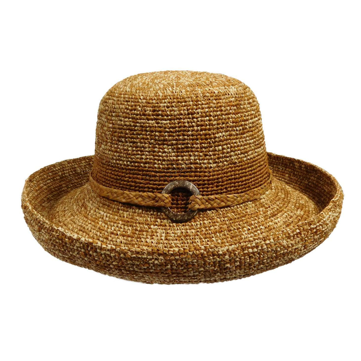 Crocheted Raffia Up Turned Kettle Brim Hat for Women