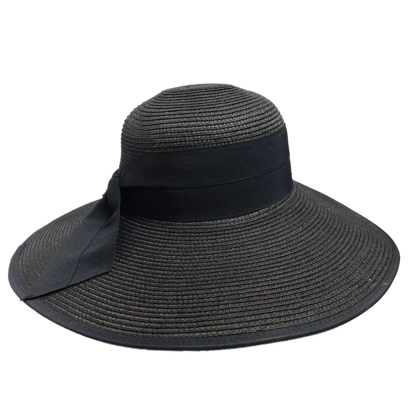 Large Sun Hat with Double Ribbon Band Wide Brim Hat Jeanne Simmons WSPS468BK Black  