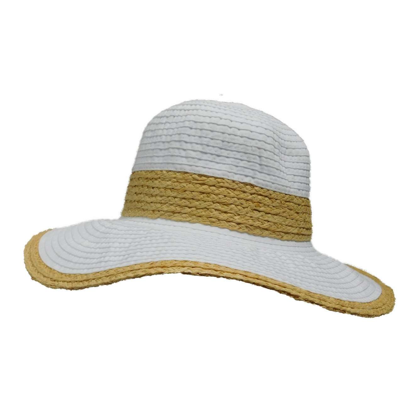 Ribbon Sun Hat with Raffia Trim by JSA for Women Floppy Hat Jeanne Simmons WSRS467WH White  