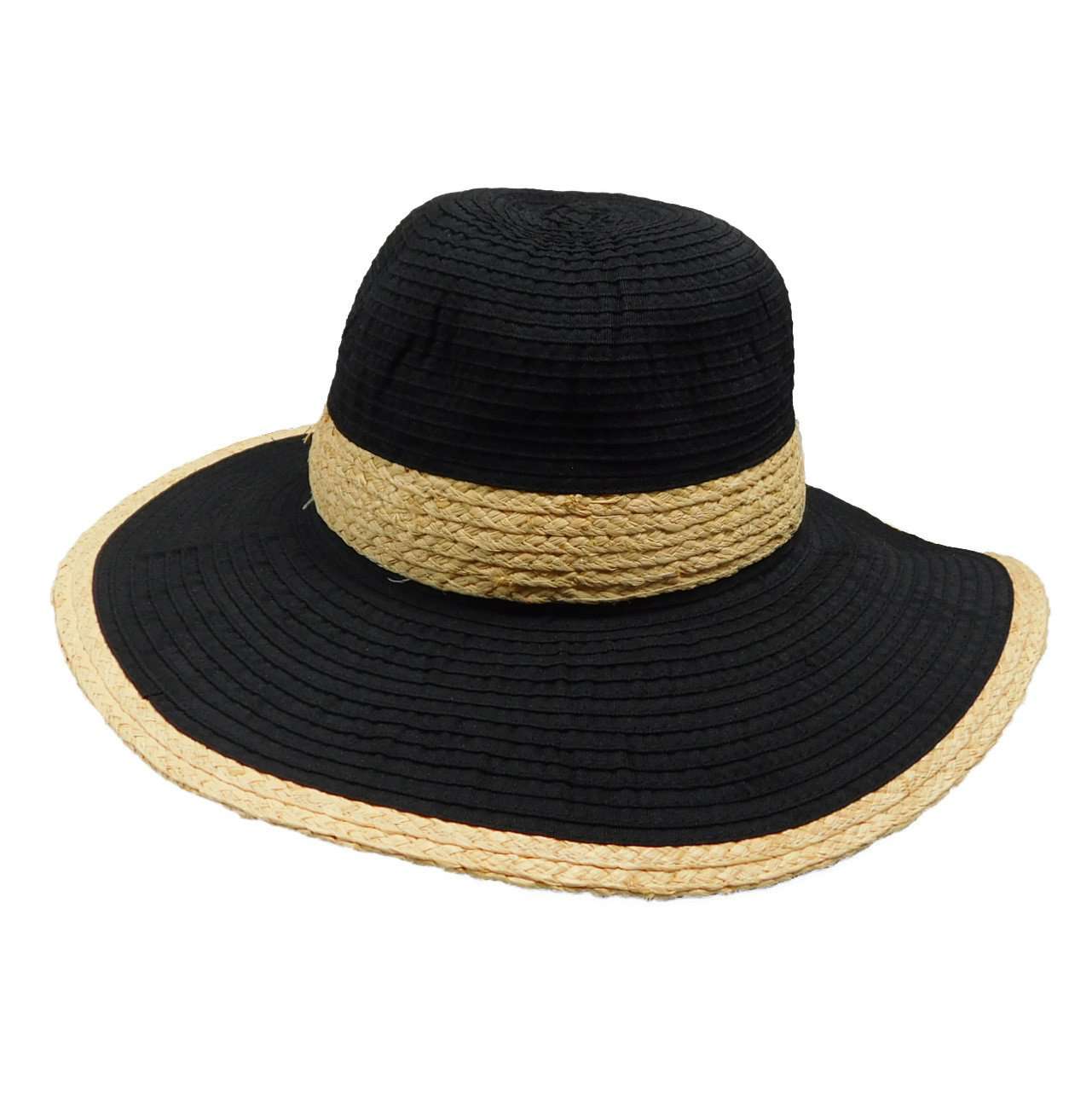 Ribbon Sun Hat with Raffia Trim - Tropical Trends Hats Floppy Hat Scala Hats LC809-ASST Black OSA (57 cm) 