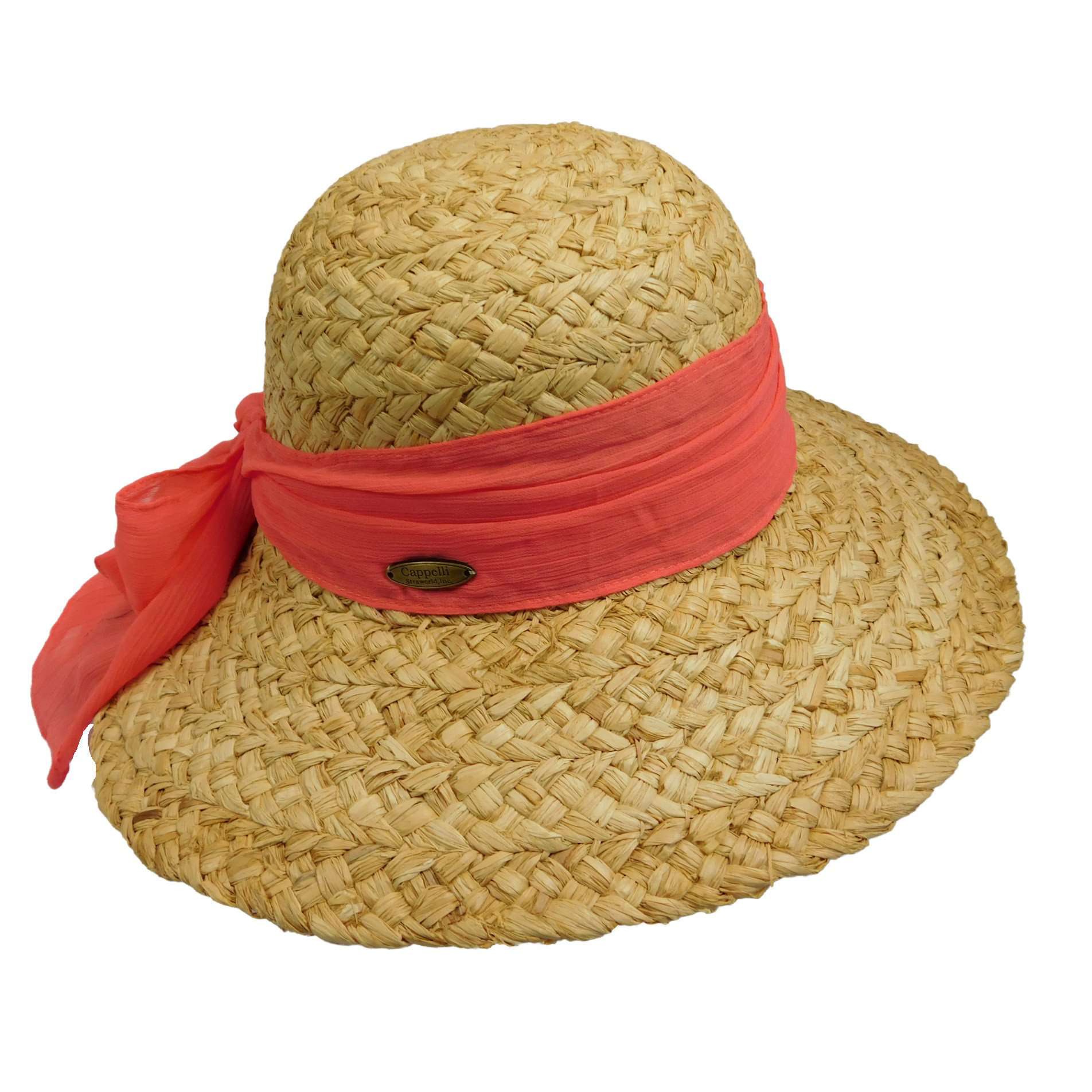 Raffia Sun Hat with Georgette Scarf Wide Brim Hat Cappelli Straworld WSRA496CO Coral  