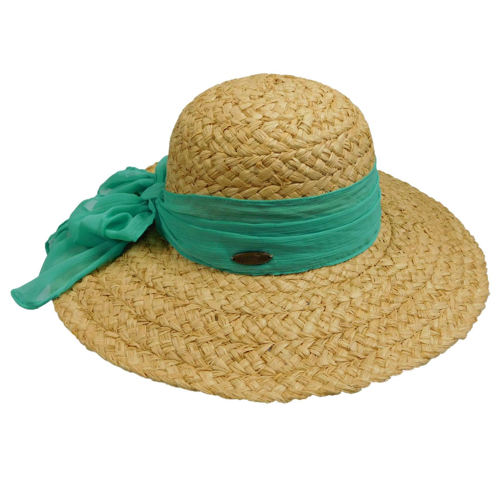 Raffia Sun Hat with Georgette Scarf Wide Brim Hat Cappelli Straworld WSRA496TQ Turquoise  
