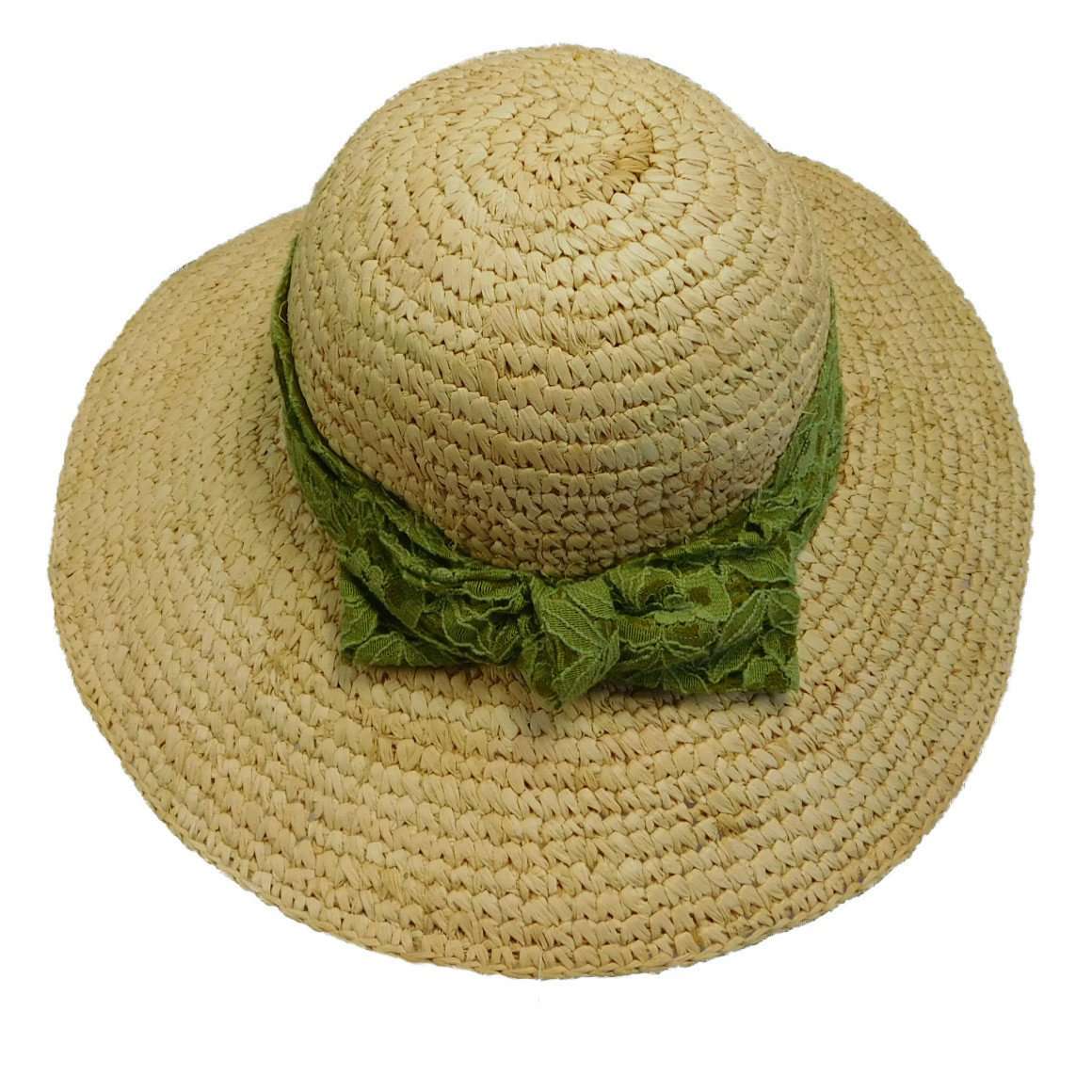 Crochet Raffia Sun Hat with Lace Scarf Wide Brim Hat Cappelli Straworld WSRA497OL Olive  